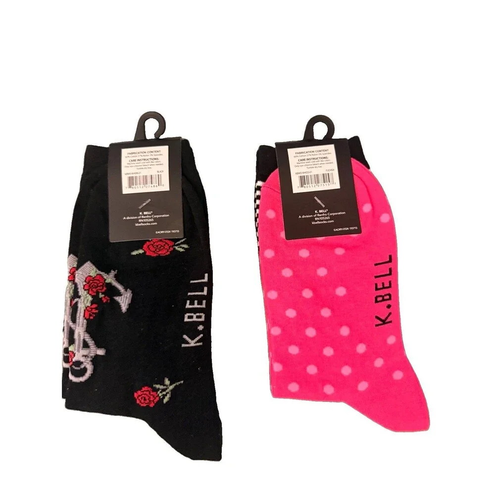 K .Bell Womens Crew Socks 2 Pair Lot Cat Anchor Roses Pink Black Size 4-10 New